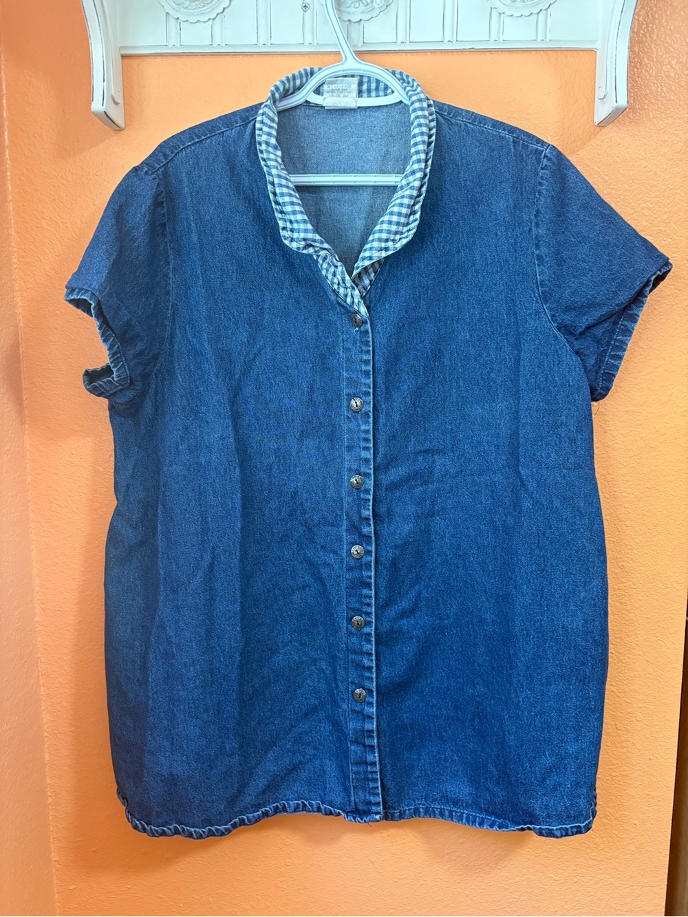 In Due Time Maternity Denim Shirt with Gingham Trim XL